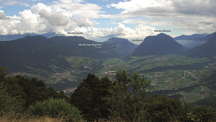 The outer Judicarian Valleys with Monte San Martino, seen from the Brenta Dolomites looking south